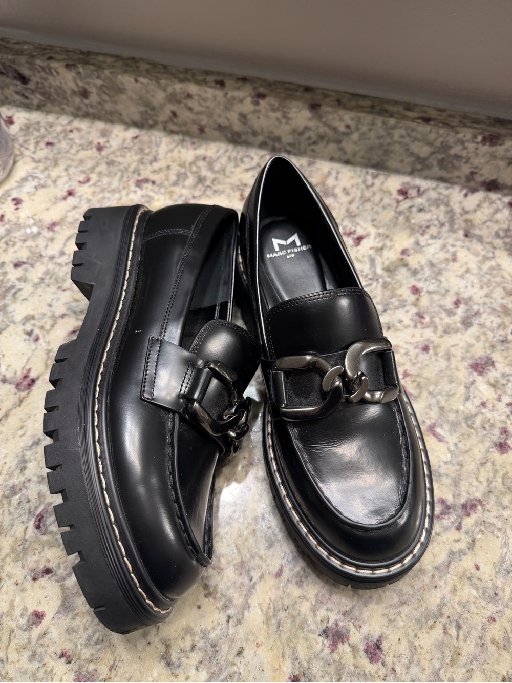 Marc Fisher Black Leather Silver ChainHorsebit Loafer Shoes Fall Chunky